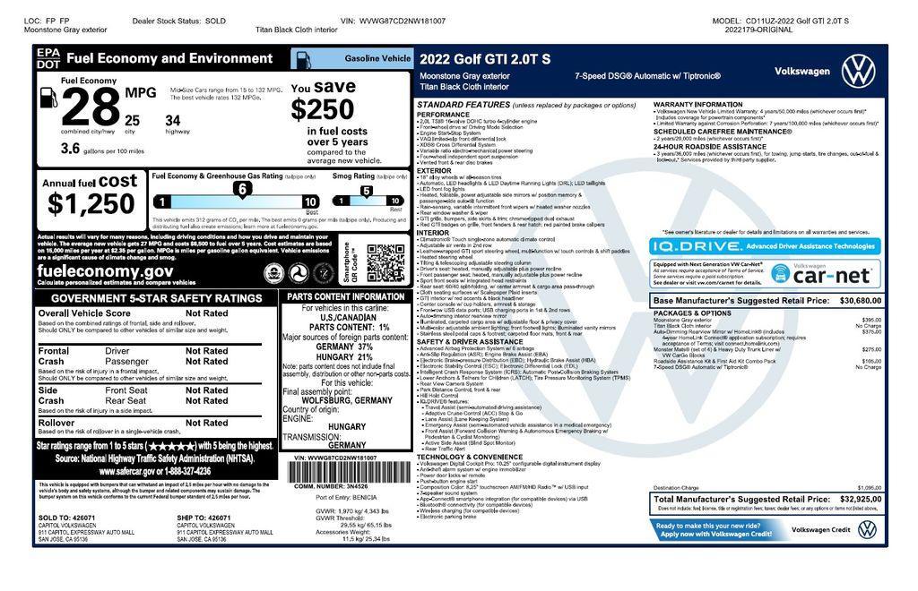 used 2022 Volkswagen Golf GTI car, priced at $21,973