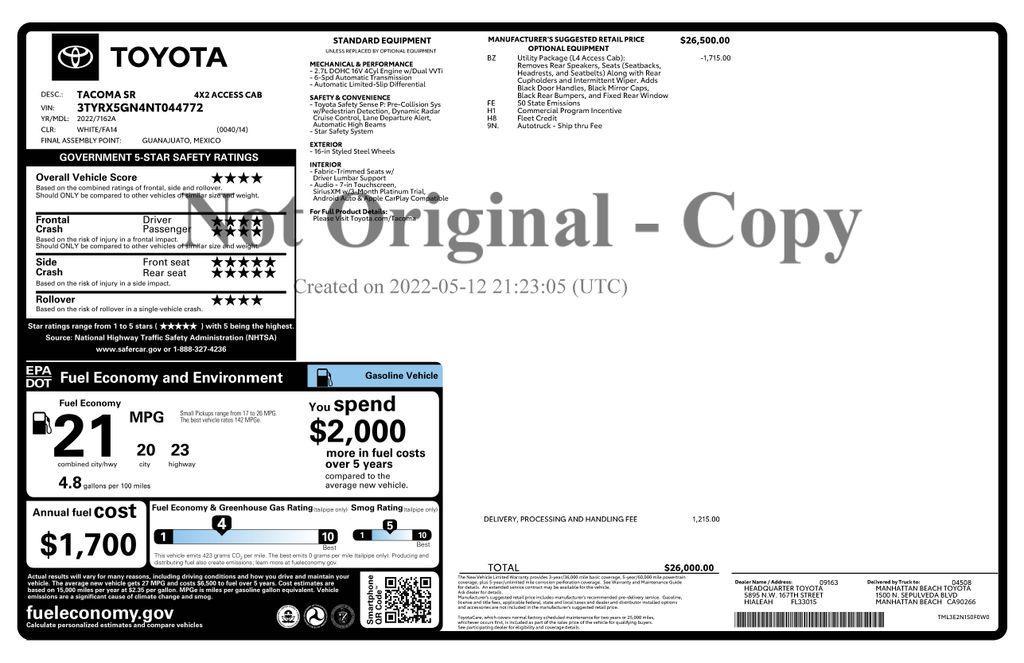 used 2022 Toyota Tacoma car, priced at $26,373
