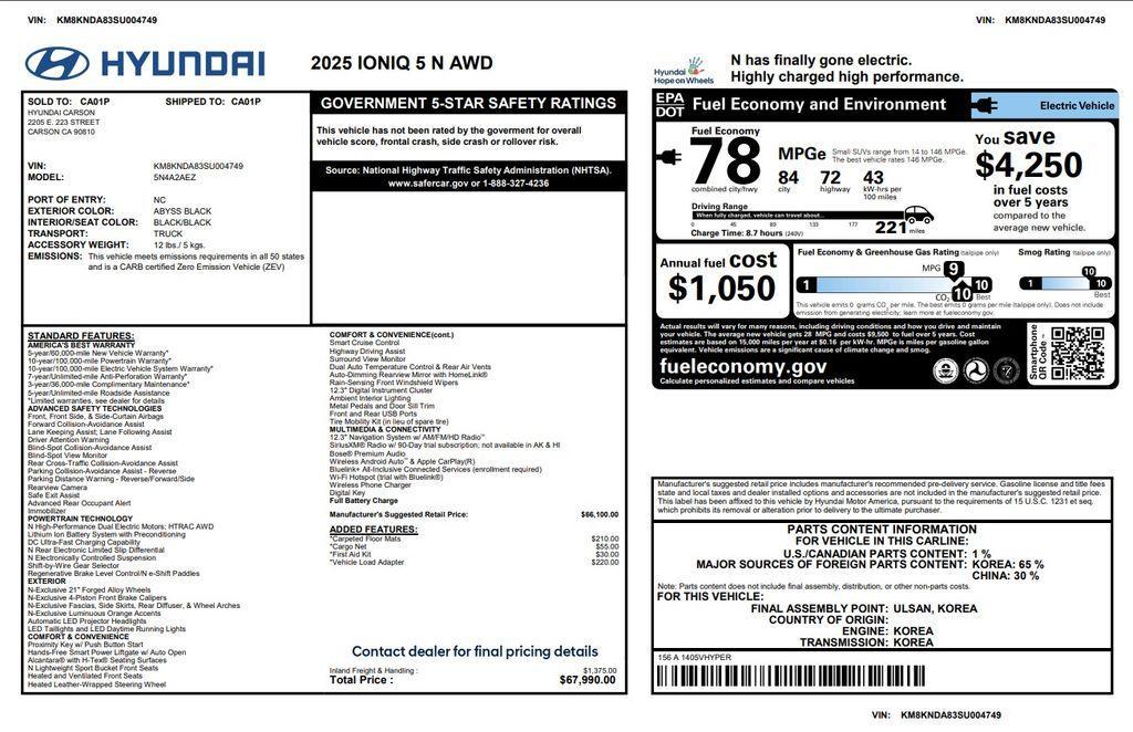 used 2025 Hyundai IONIQ 5 N car, priced at $41,975