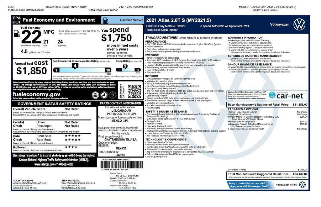 used 2021 Volkswagen Atlas car, priced at $19,075