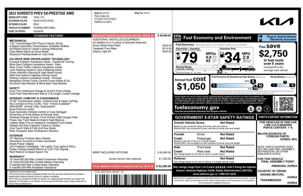 used 2023 Kia Sorento Plug-In Hybrid car, priced at $31,175