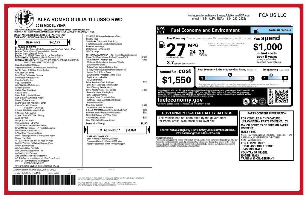 used 2018 Alfa Romeo Giulia car, priced at $19,873