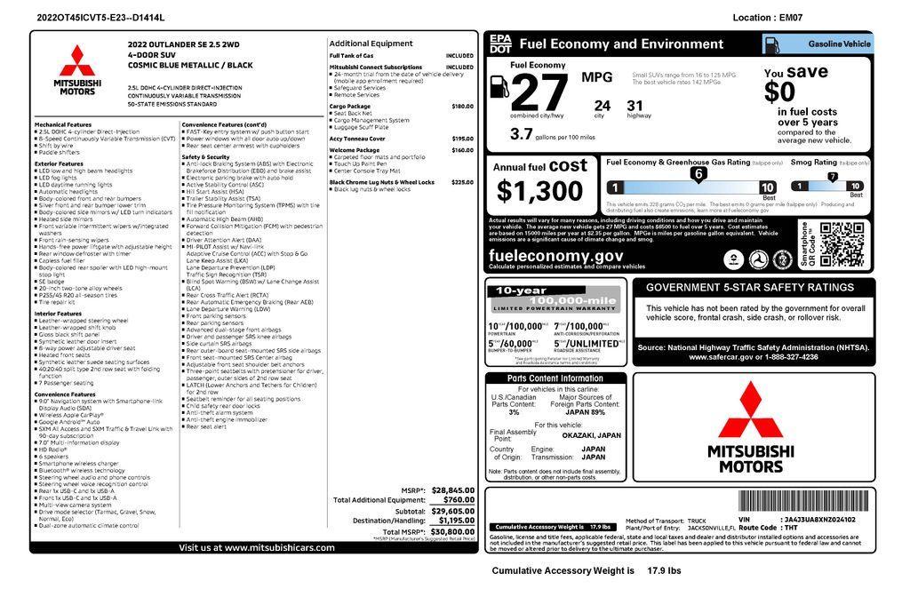 used 2022 Mitsubishi Outlander car, priced at $22,973