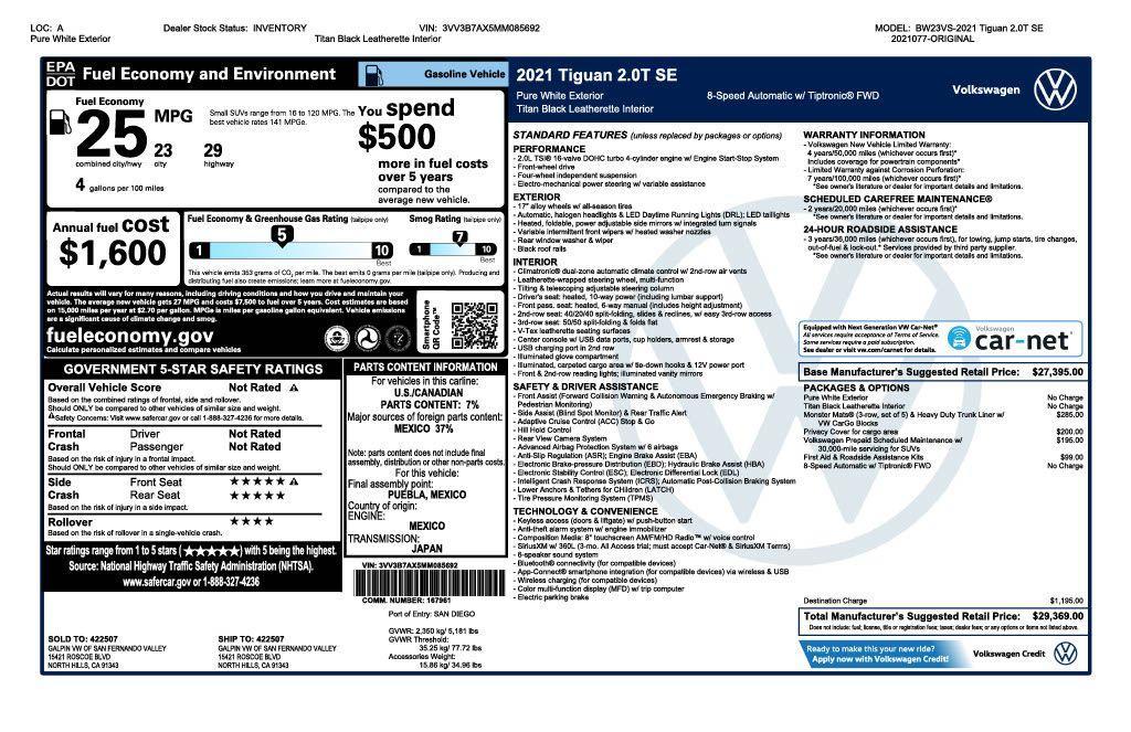 used 2021 Volkswagen Tiguan car, priced at $18,573