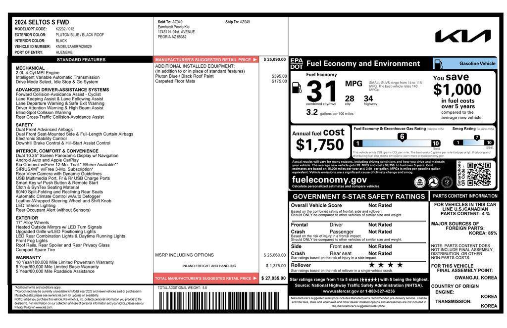 used 2024 Kia Seltos car, priced at $22,073