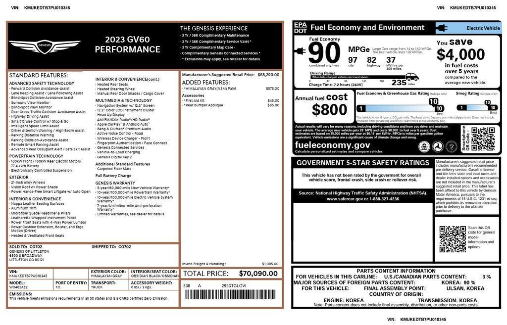 used 2023 Genesis GV60 car, priced at $35,975