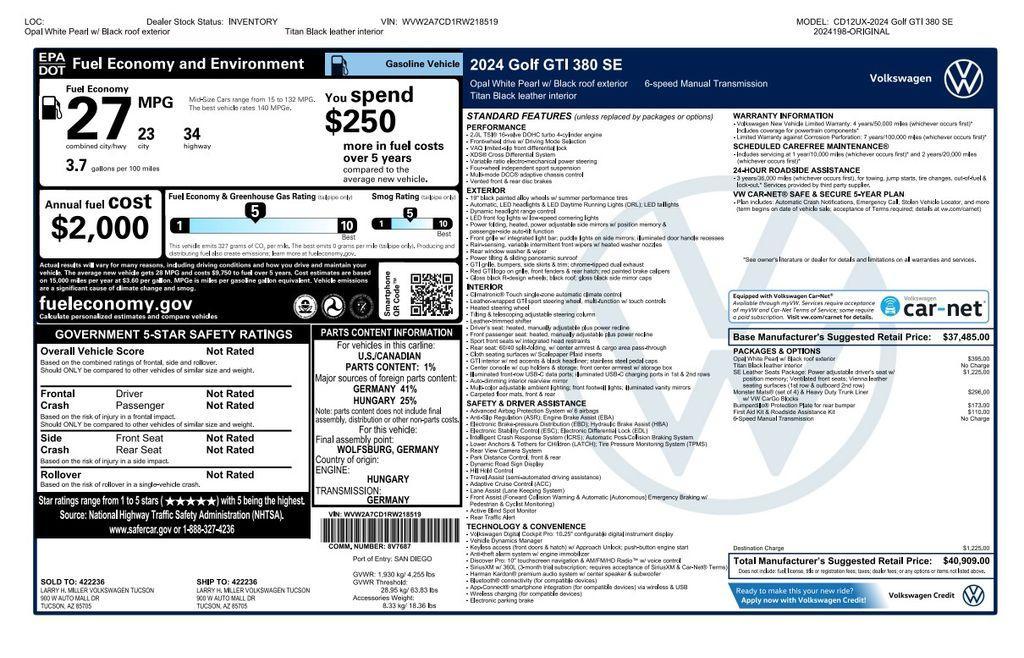 used 2024 Volkswagen Golf GTI car, priced at $31,475