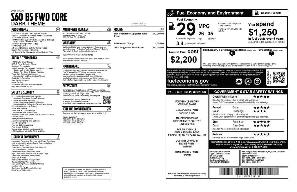 used 2024 Volvo S60 car, priced at $27,373
