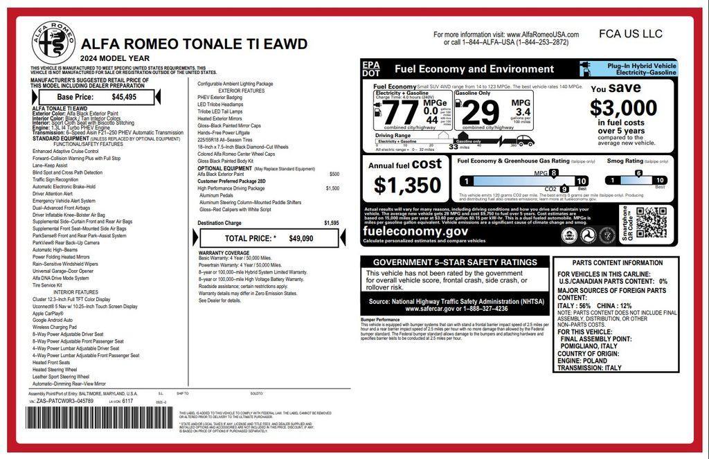 used 2024 Alfa Romeo Tonale car, priced at $25,173