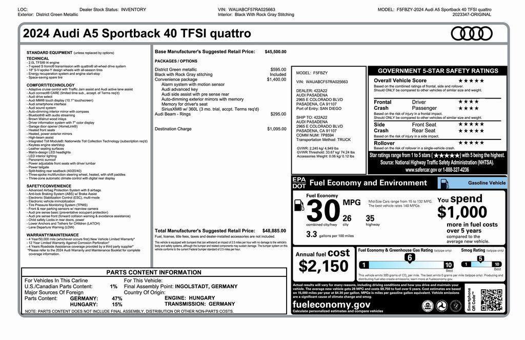 used 2024 Audi A5 Sportback car, priced at $32,075