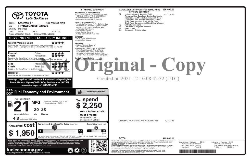 used 2021 Toyota Tacoma car, priced at $23,273