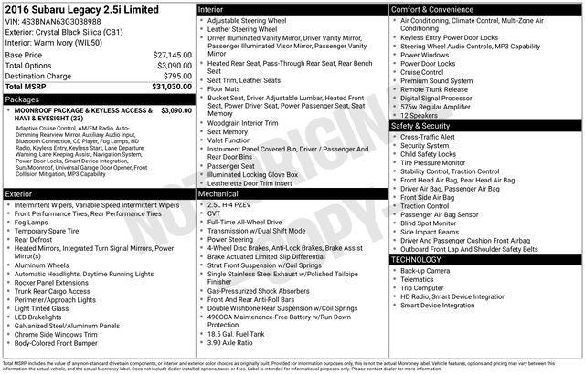 used 2016 Subaru Legacy car, priced at $7,995