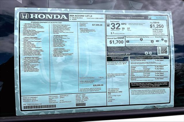 new 2024 Honda Accord car, priced at $28,990