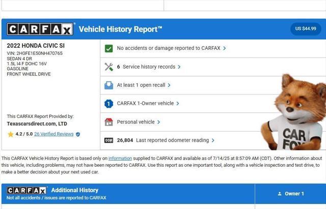 used 2022 Honda Civic Si car, priced at $26,800