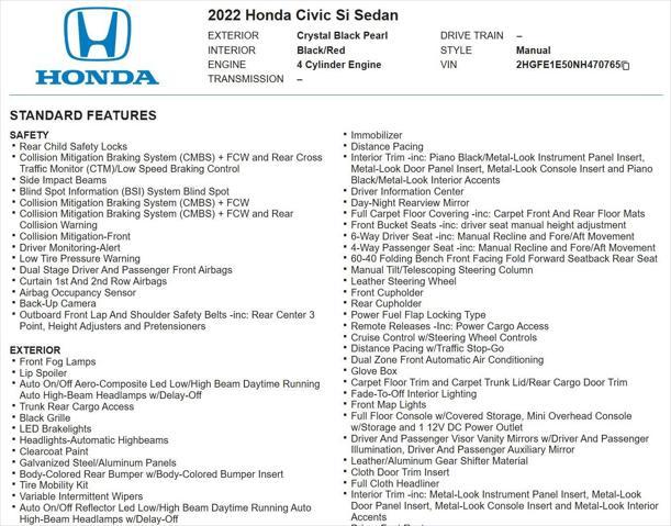 used 2022 Honda Civic Si car, priced at $26,800