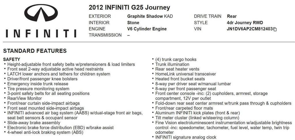 used 2012 INFINITI G25 car, priced at $4,998