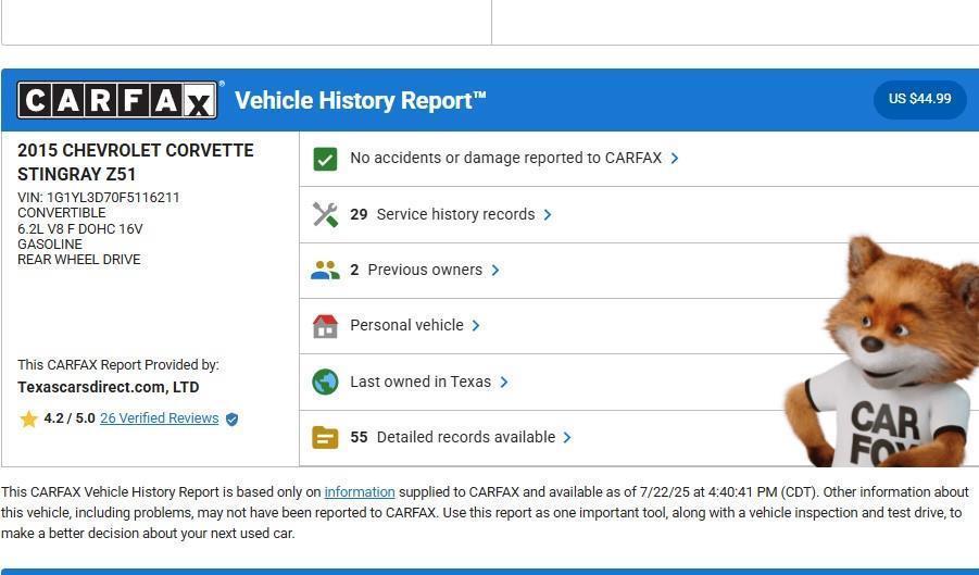 used 2015 Chevrolet Corvette car, priced at $42,995