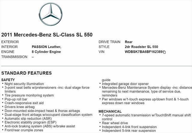 used 2011 Mercedes-Benz SL-Class car, priced at $17,998