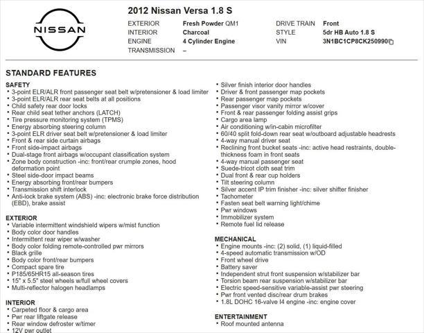 used 2012 Nissan Versa car, priced at $4,800