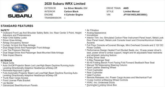 used 2020 Subaru WRX car, priced at $25,624