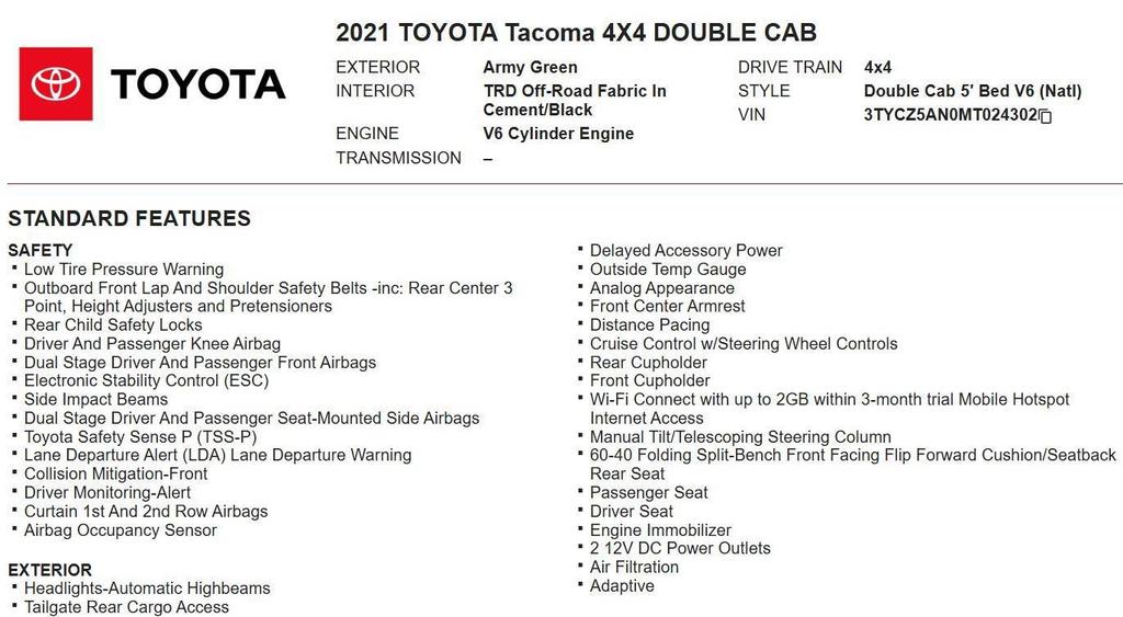 used 2021 Toyota Tacoma car, priced at $34,995