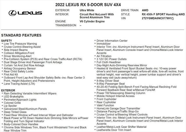 used 2022 Lexus RX 450h car, priced at $47,708