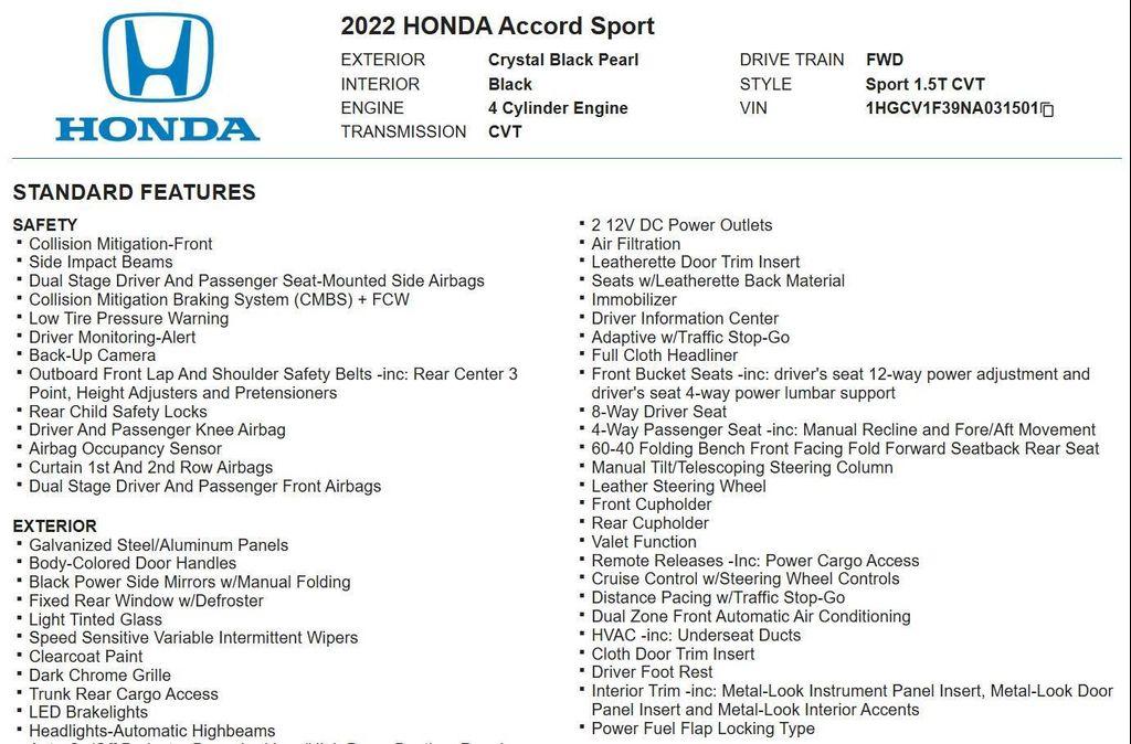 used 2022 Honda Accord car, priced at $24,598