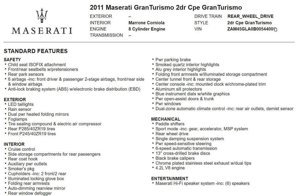 used 2011 Maserati GranTurismo car, priced at $26,498