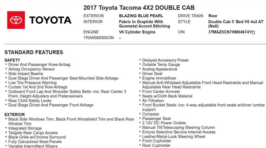 used 2017 Toyota Tacoma car, priced at $22,448