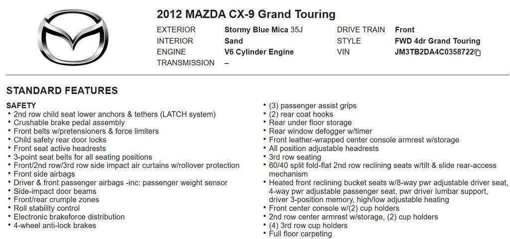 used 2012 Mazda CX-9 car, priced at $7,998