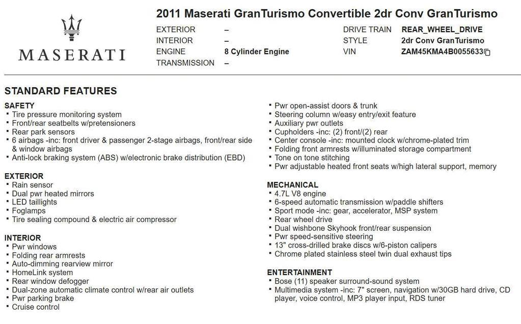 used 2011 Maserati GranTurismo car, priced at $24,980