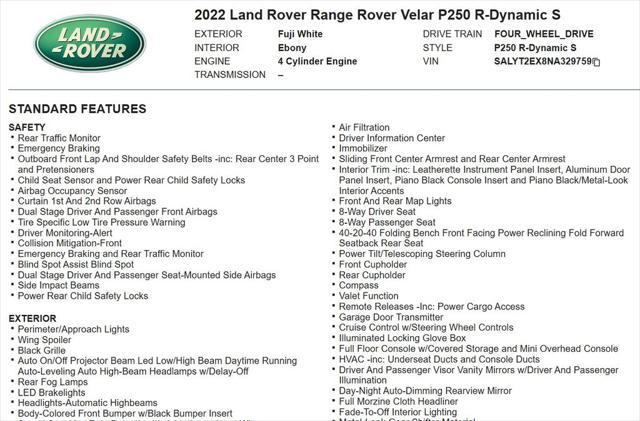 used 2022 Land Rover Range Rover Velar car, priced at $36,888