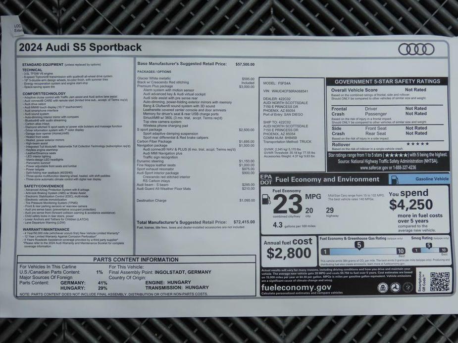 new 2024 Audi S5 car, priced at $72,415