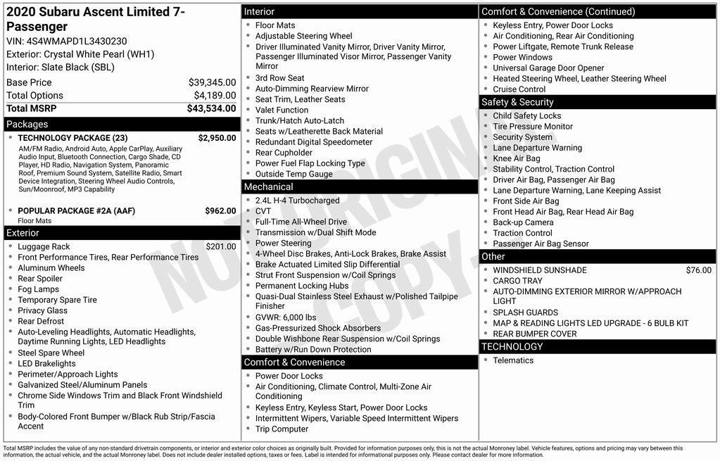 used 2020 Subaru Ascent car, priced at $24,990