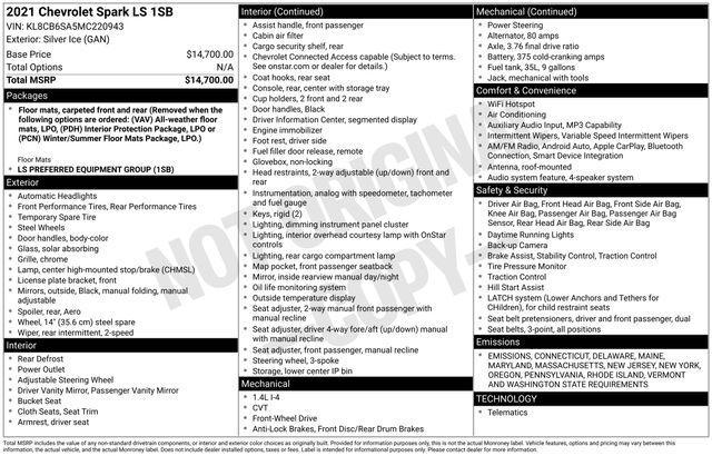 used 2021 Chevrolet Spark car, priced at $13,121
