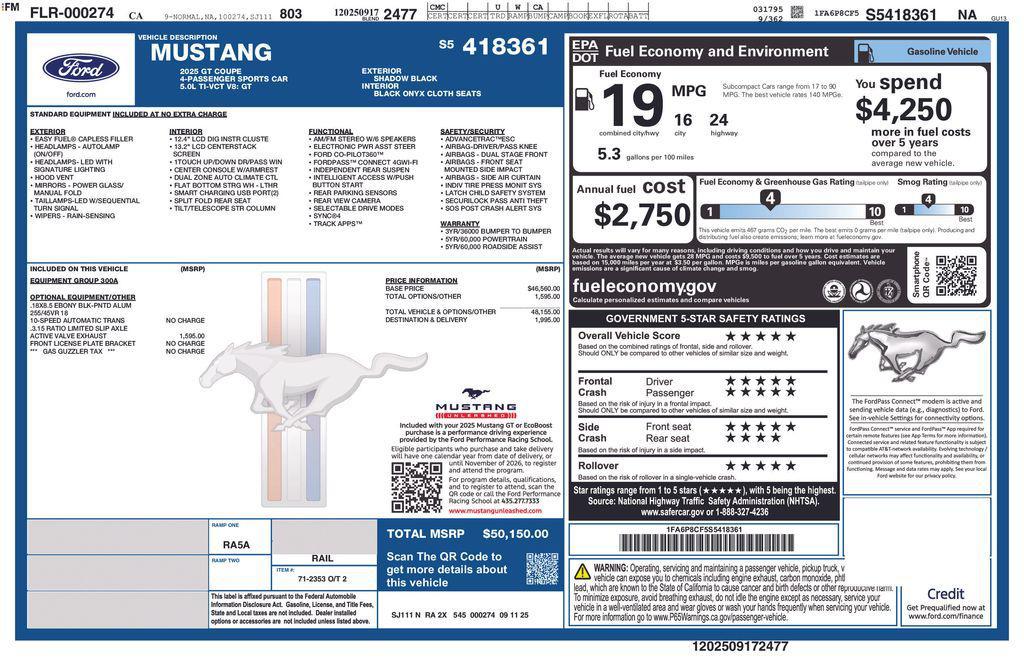 new 2025 Ford Mustang car, priced at $46,650