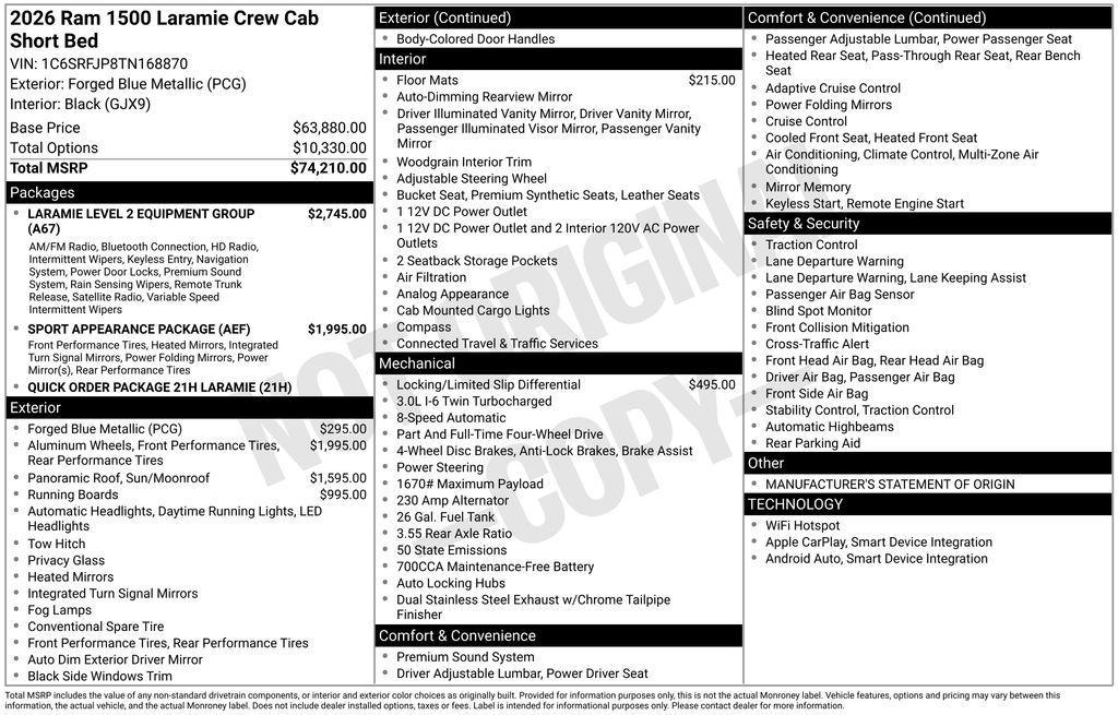 new 2026 Ram 1500 car, priced at $72,805