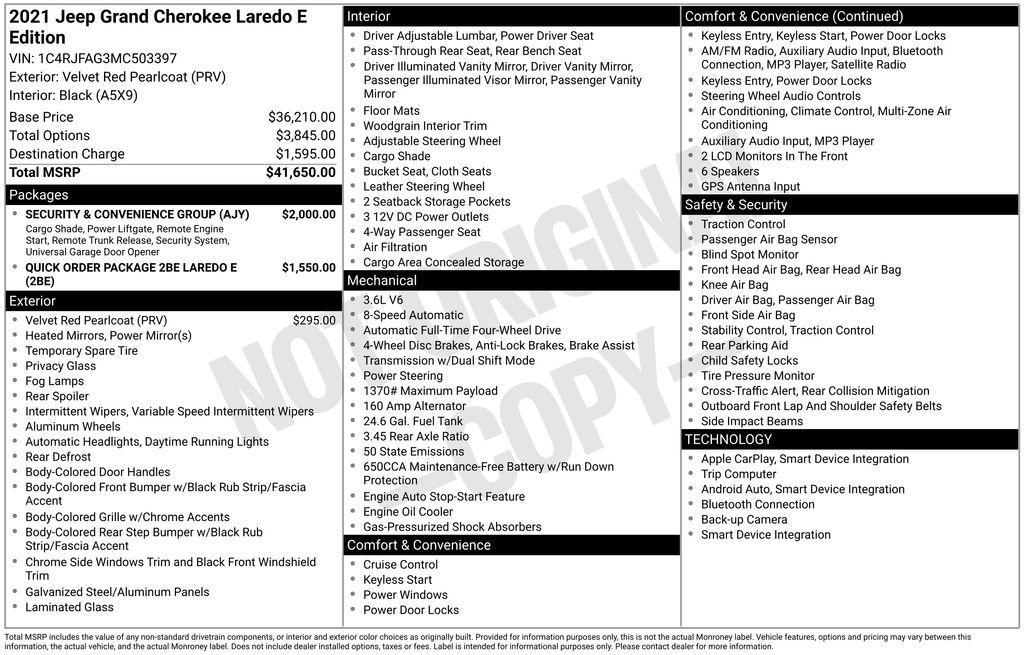 used 2021 Jeep Grand Cherokee car, priced at $19,500