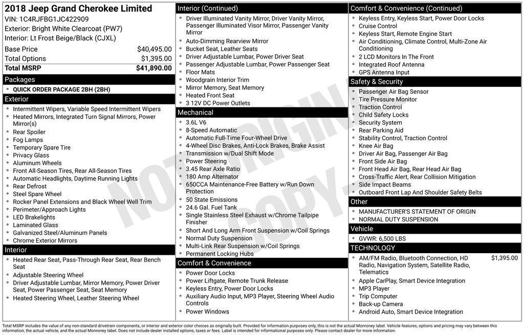 used 2018 Jeep Grand Cherokee car, priced at $18,138