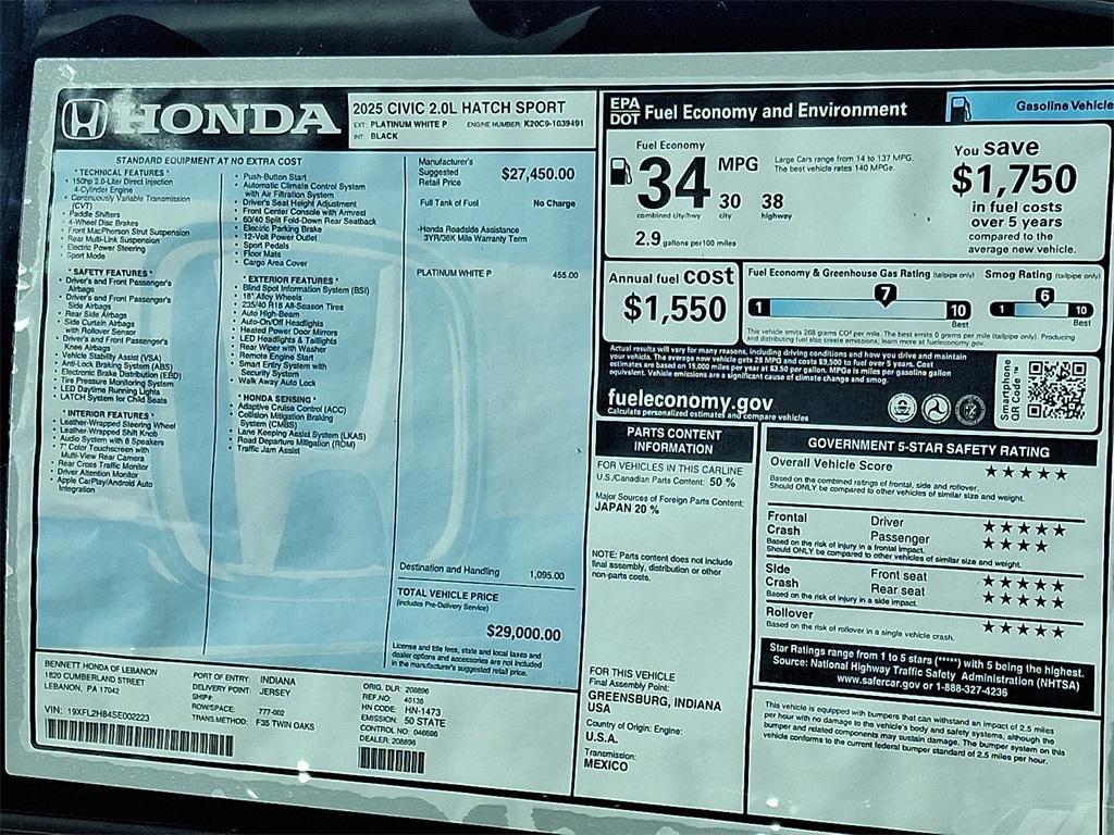 new 2025 Honda Civic car, priced at $28,250