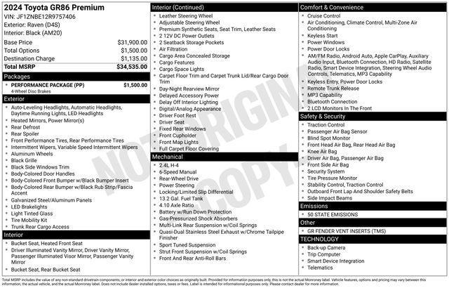 used 2024 Toyota GR86 car, priced at $29,722