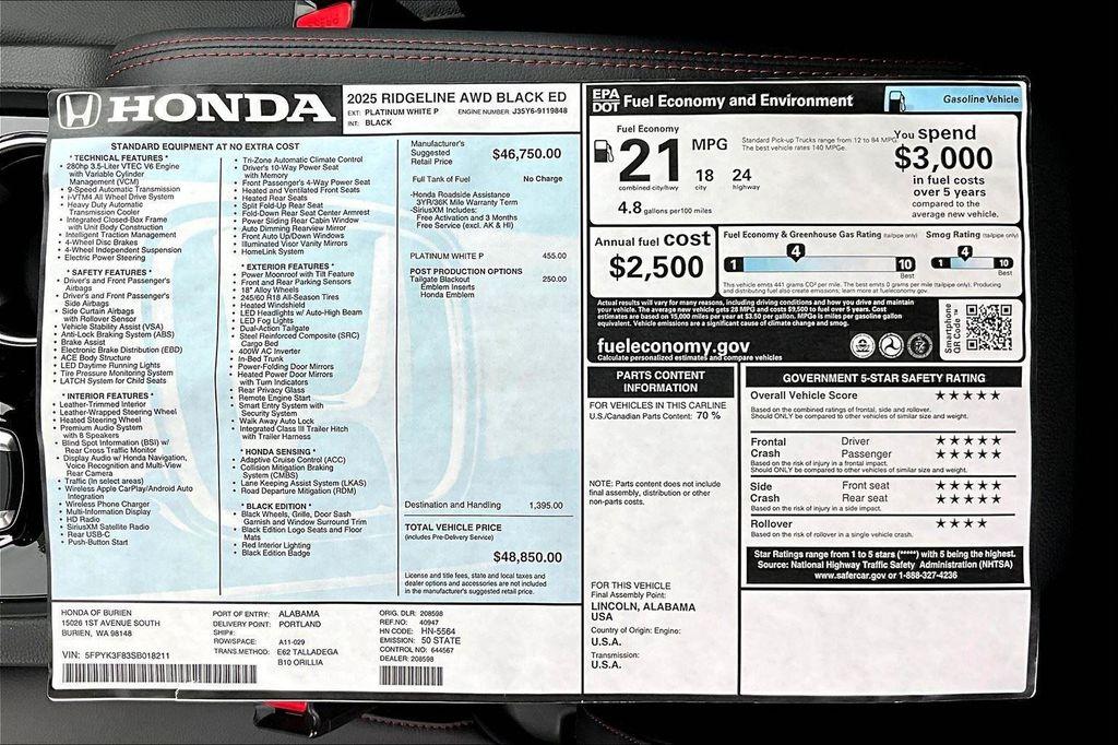 new 2025 Honda Ridgeline car, priced at $43,977