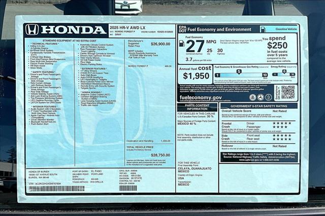 new 2025 Honda HR-V car, priced at $28,750