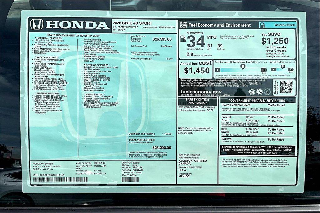 new 2026 Honda Civic car, priced at $28,200