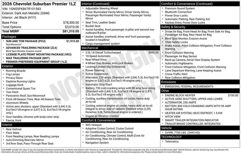 new 2026 Chevrolet Suburban car, priced at $83,805