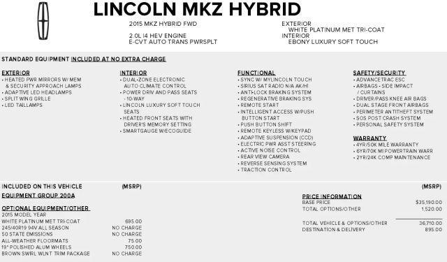 used 2015 Lincoln MKZ Hybrid car, priced at $12,895