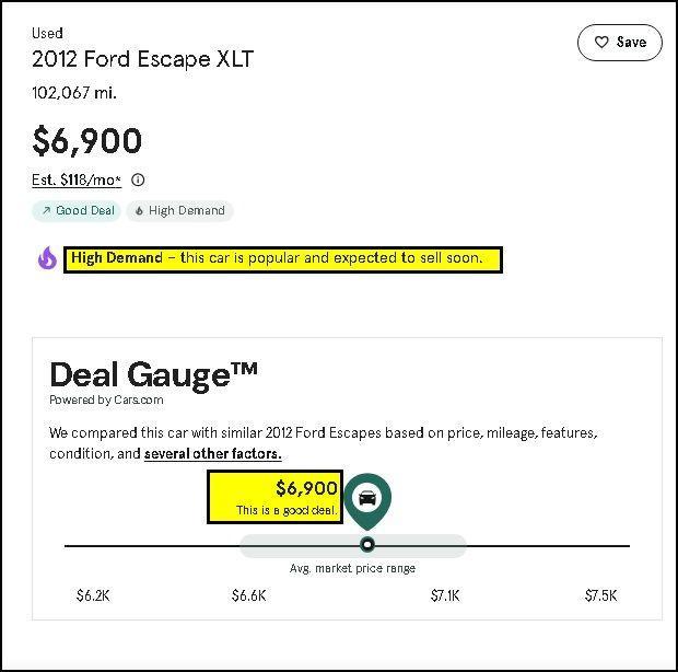 used 2012 Ford Escape car, priced at $6,400