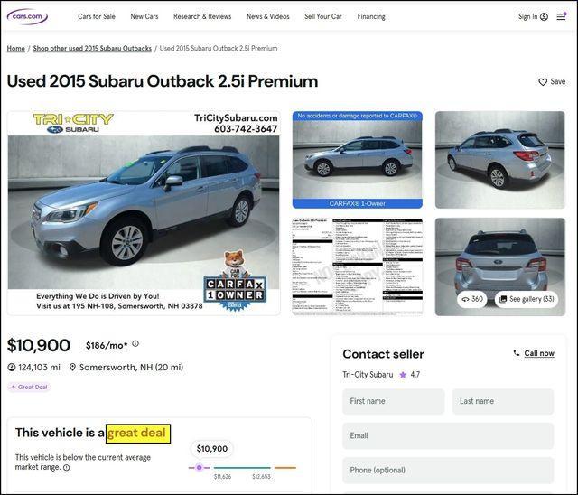 used 2015 Subaru Outback car, priced at $10,900