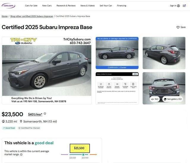 used 2025 Subaru Impreza car, priced at $23,500