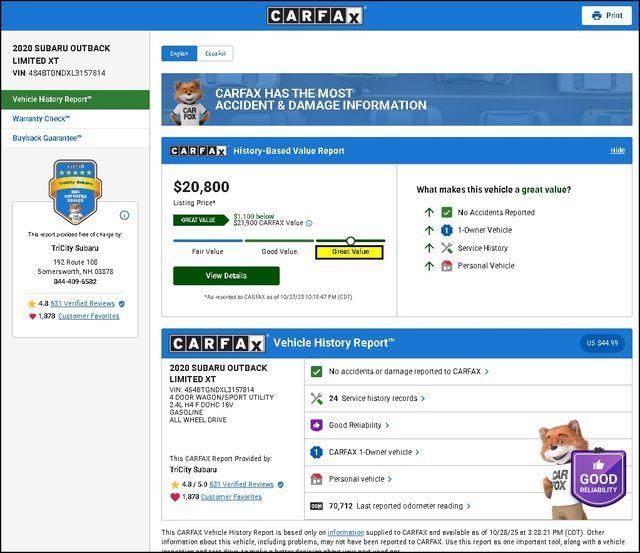 used 2020 Subaru Outback car, priced at $20,800